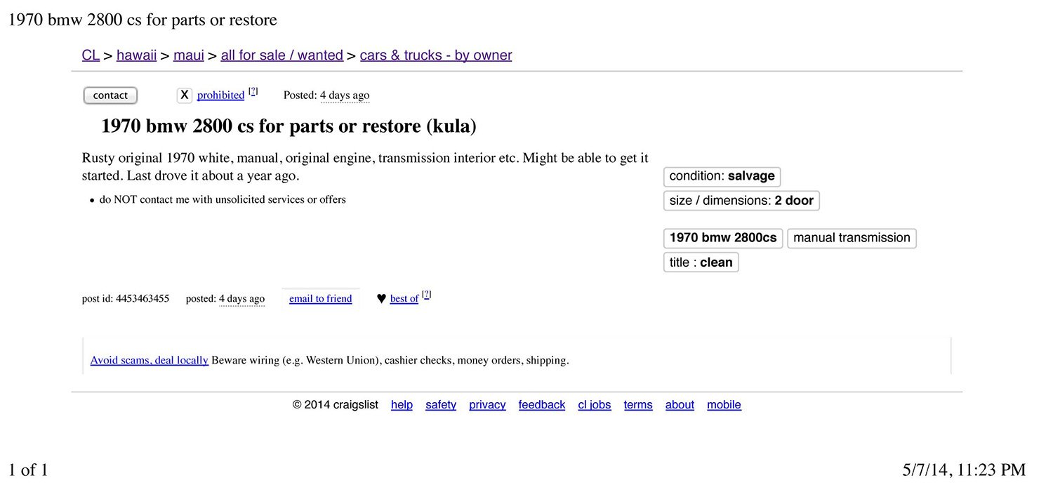 1970 bmw 2800cs for parts or restore ad Craigs List, Hedwig 2014.jpg