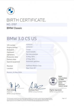 BMW  Classic Certificate  1974 BMW 3.0 CS  VIN NO. 4335233.JPG