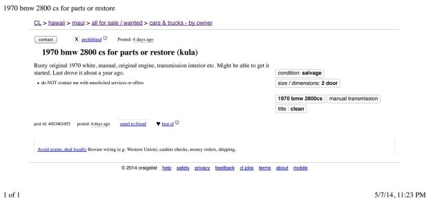 1970 bmw 2800cs for parts or restore ad Craigs List, Hedwig 2014.jpg